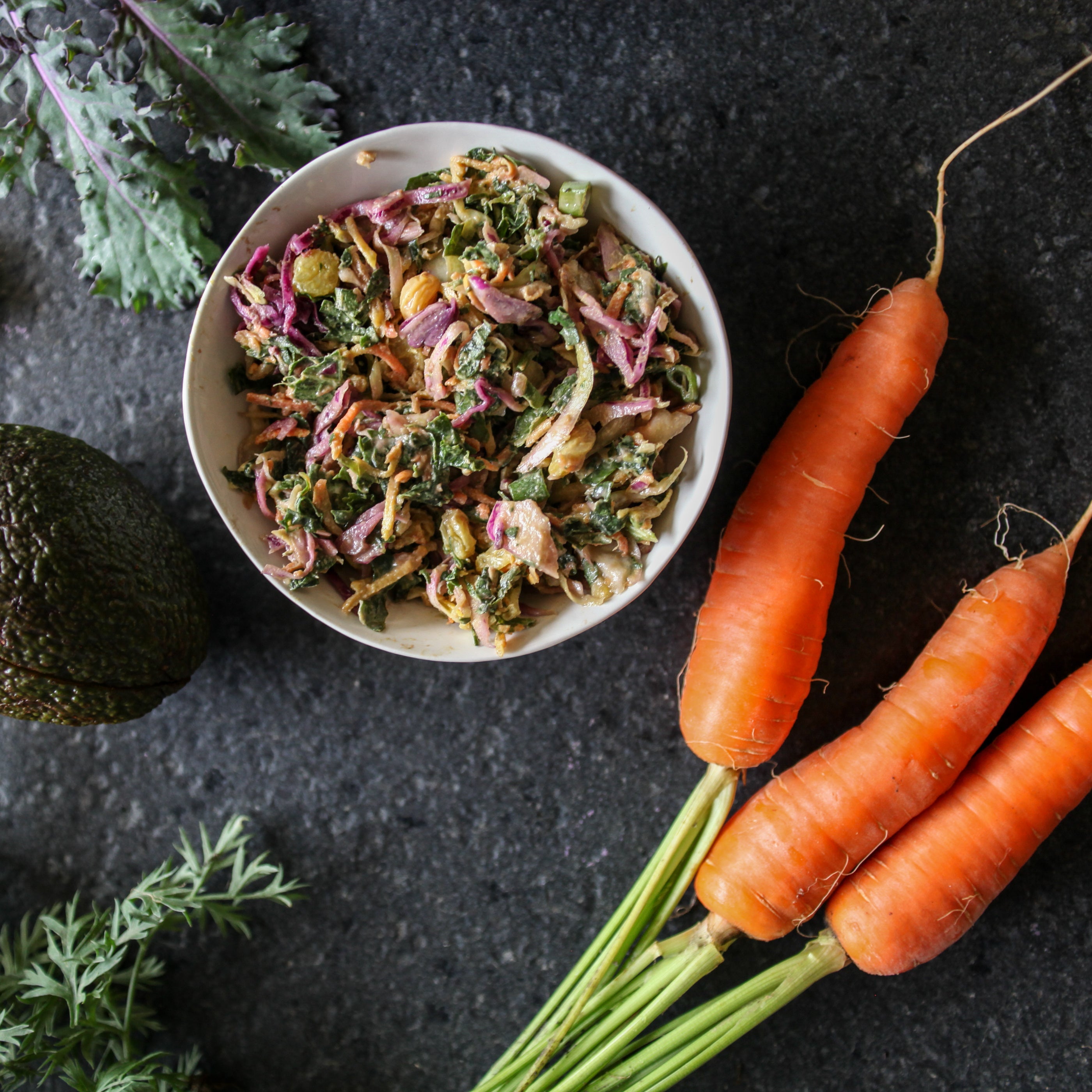 Rainbow Kale & Veggie Slaw w/Avocado Tahini Dressing