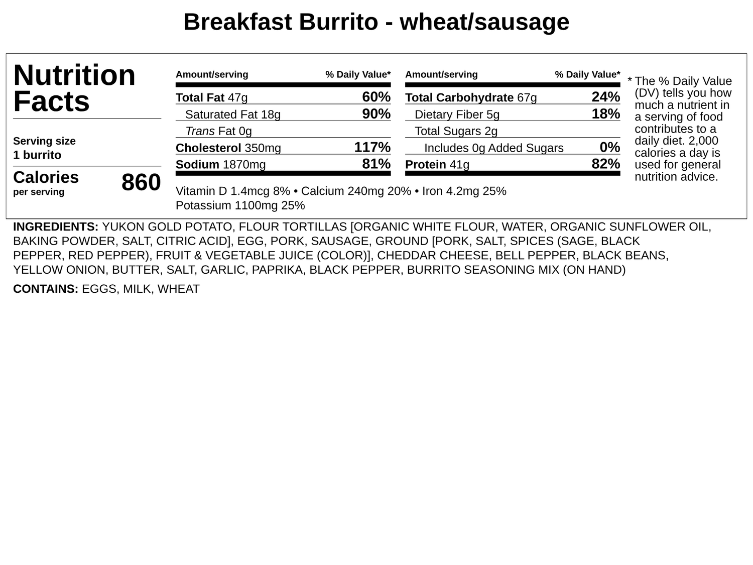Frozen - Breakfast Burritos - Sausage, WHEAT