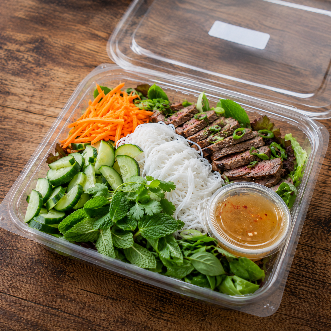 Vietnamese Rice Noodle Salad w/Mixed Greens, Carrots, Cucumbers &amp; Fresh Herbs + opt. MT Sirloin