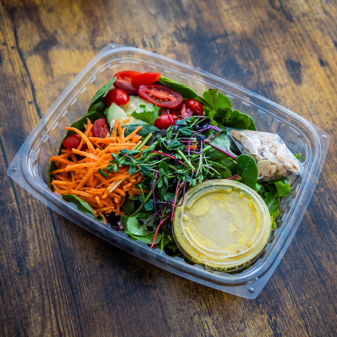 Chopped Salad w/Fresh Veggies, Microgreens, Toasted Almonds & Orange-Champagne Dressing