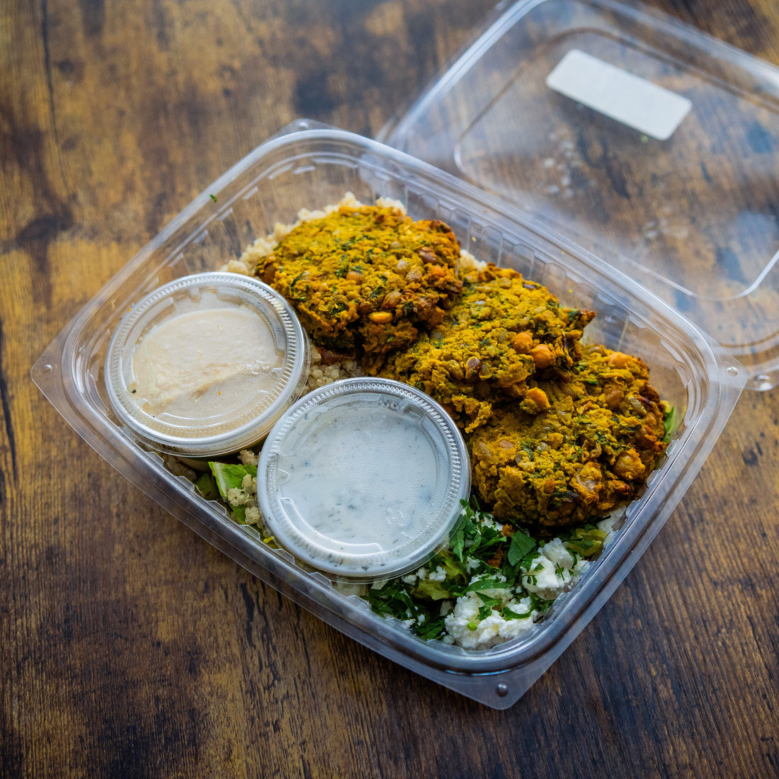 Turmeric Falafel, Quinoa & Veggie Bowl w/Tzatziki Sauce & Lemon-Garlic Hummus