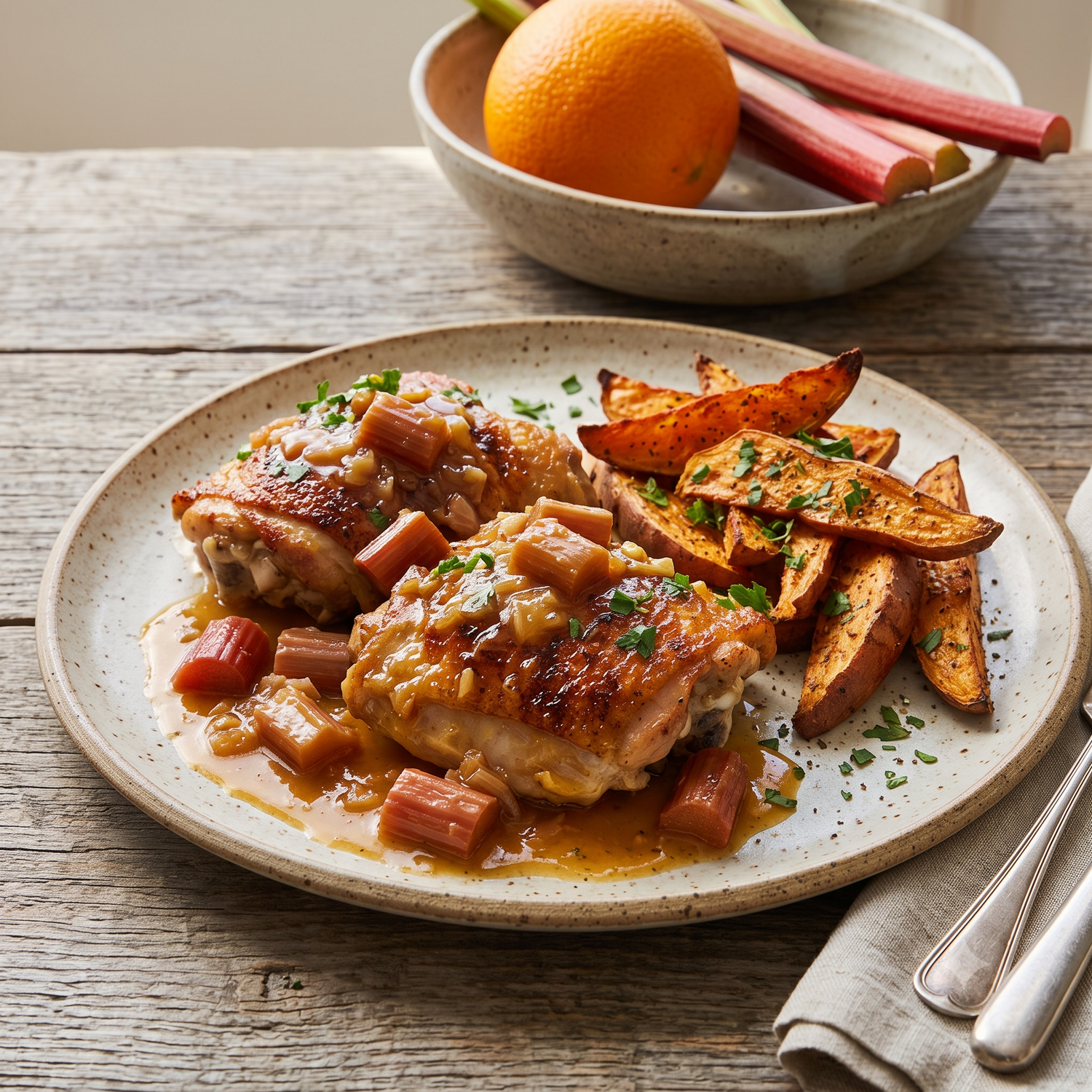 Rhubarb &amp; Orange Braised Chicken Thighs w/Sweet Potato Wedges