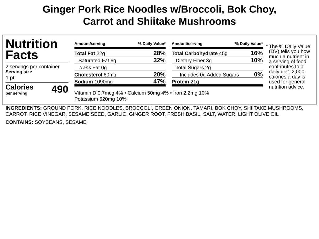 Ginger Pork Rice Noodles w/Broccoli, Bok Choy, Carrot and Shiitake Mushrooms