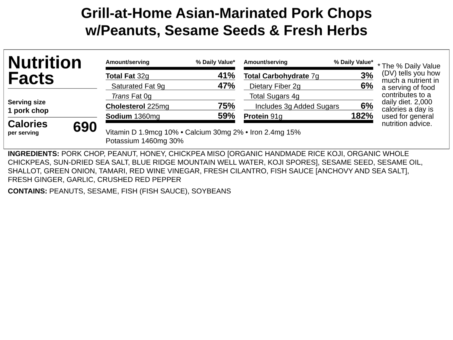 Frozen - Grill/Cook-at-Home - Asian-Marinated Pork Chops w/Peanuts, Sesame Seeds &amp; Fresh Herbs* - 2 bone-in pork chops