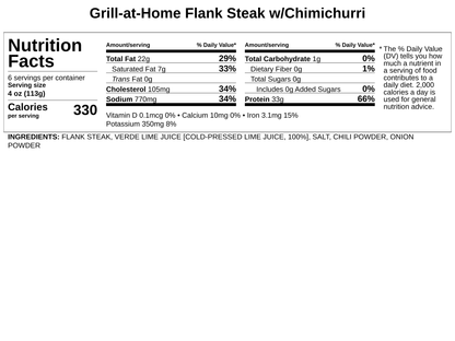 Grill-at-Home - Marinated Flank Steak w/Chimichurri Sauce* - Serves 4-6