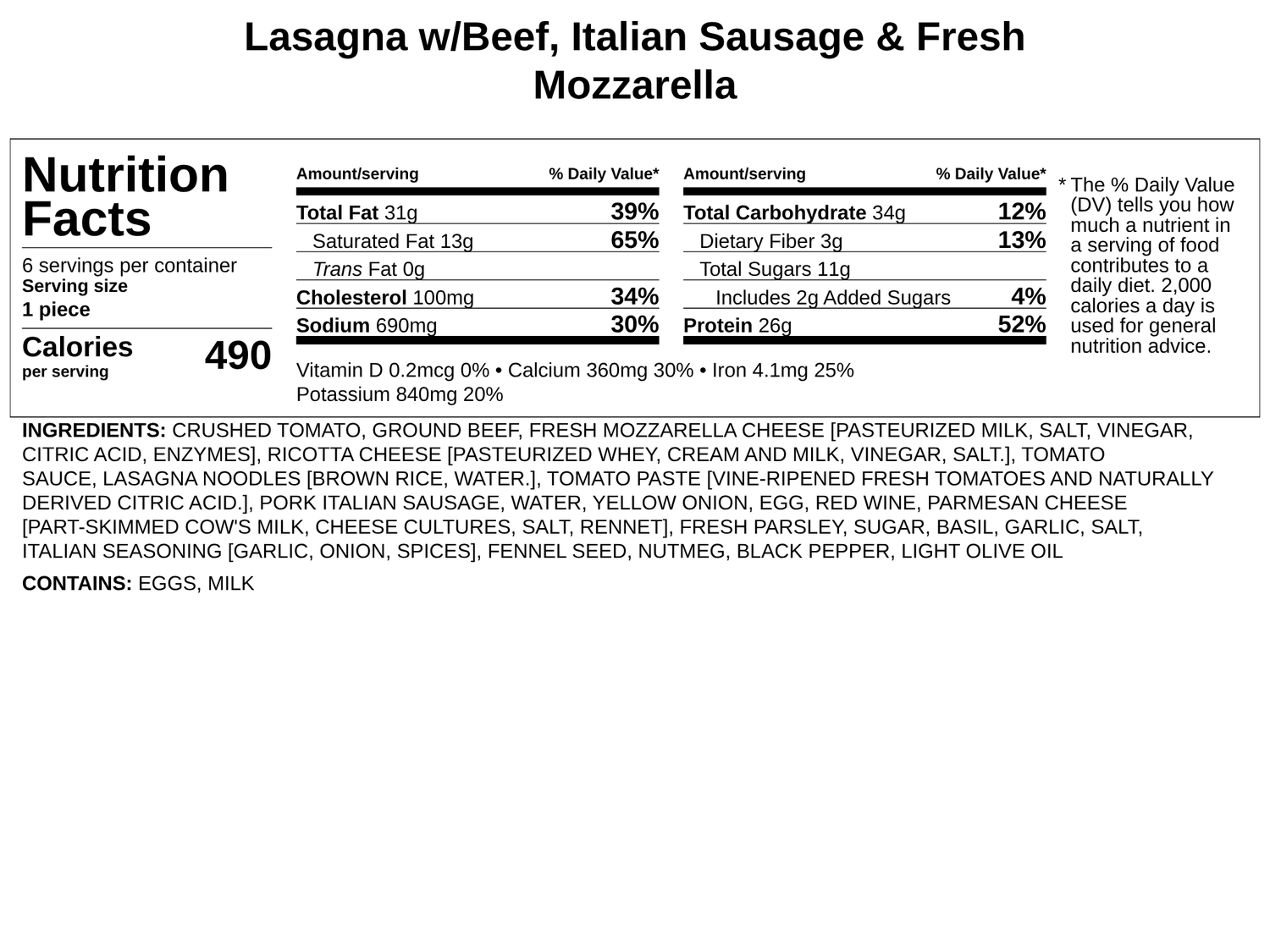 Frozen - Lasagna w/Beef, Italian Sausage &amp; Fresh Mozzarella* - Bake at Home