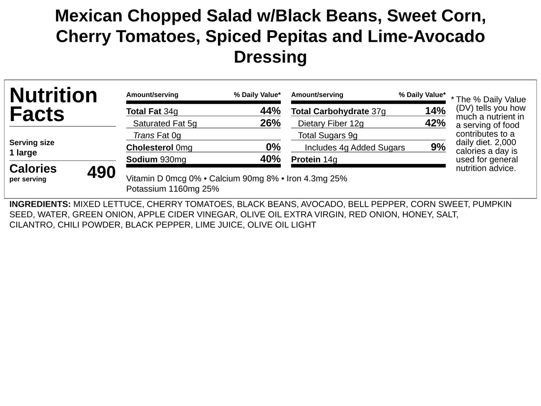 Mexican Chopped Salad w/Black Beans, Sweet Corn, Cherry Tomatoes, Spiced Pepitas and Lime-Avocado Dressing