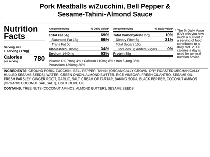 Frozen - Pork Meatballs w/Zucchini, Bell Pepper and Sesame-Tahini-Almond Sauce