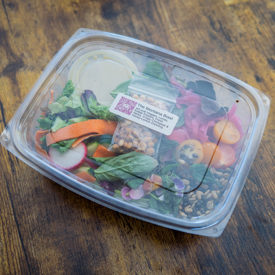 The Montana Summer Bowl w/Local Veggies, Beluga Lentils, Edible Flowers, Fresh Herbs, Crispy Chickpeas & Honey-Lemon Dressing