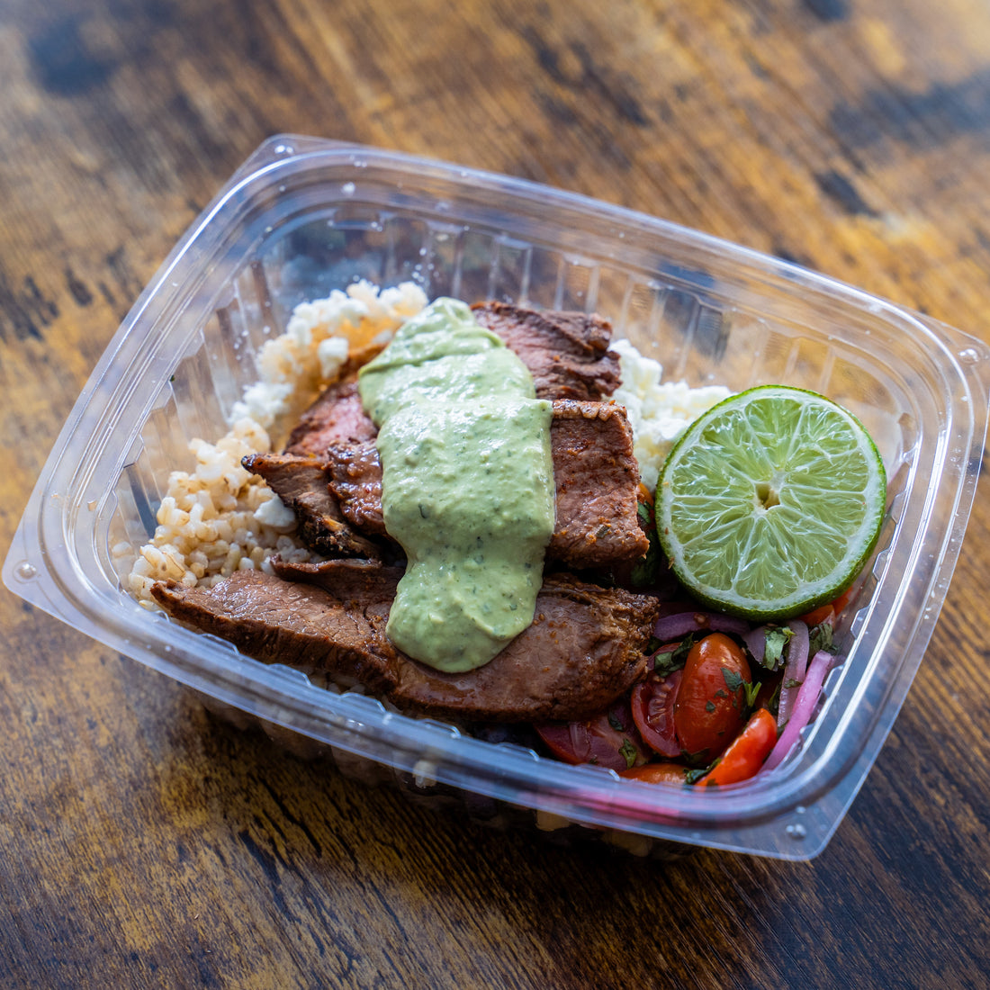 Tri Tip Carne Asada, Rice & Veggie Bowl w/Avocado Crema