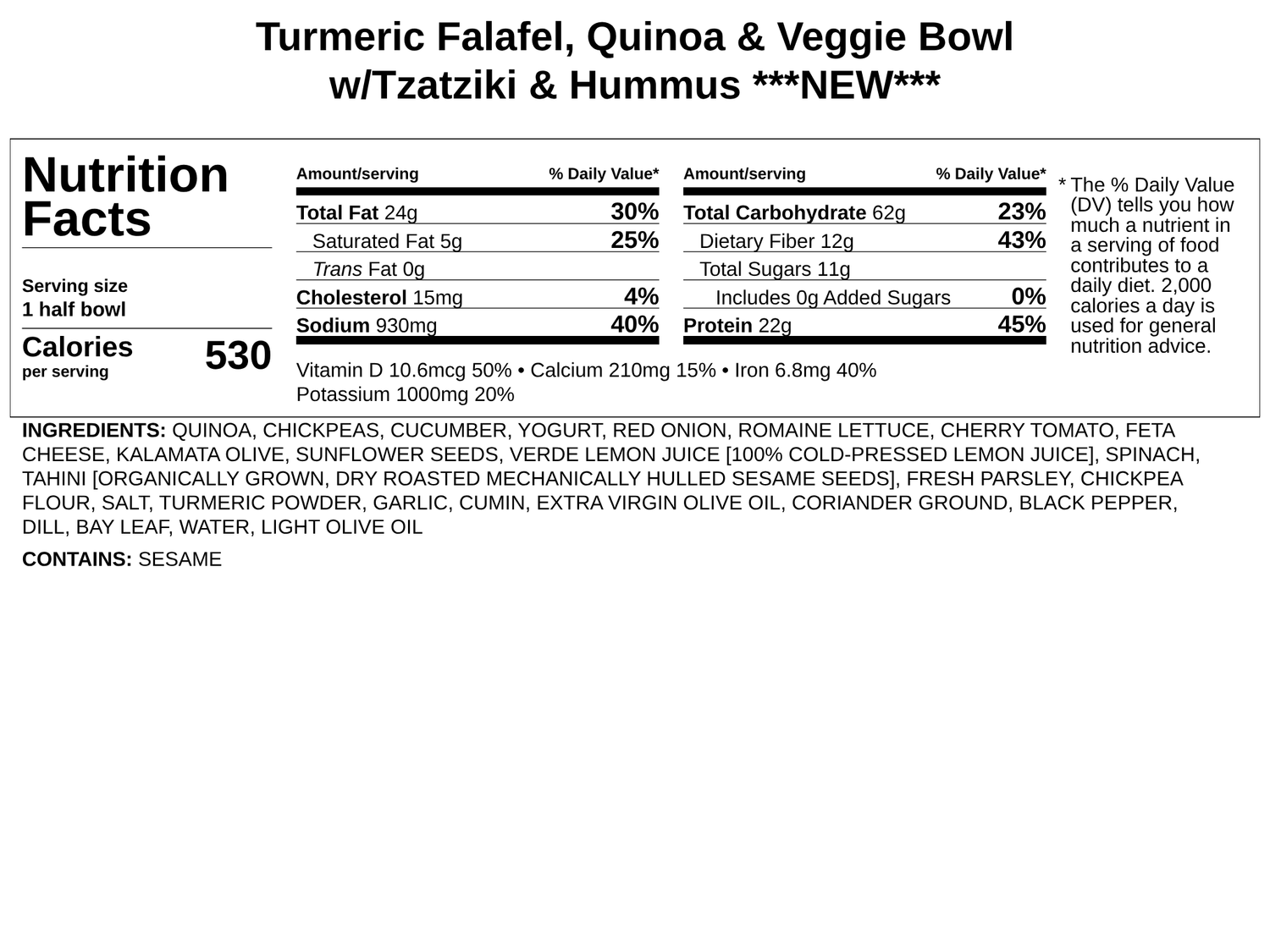 Turmeric Falafel, Quinoa &amp; Veggie Bowl w/Tzatziki Sauce &amp; Lemon-Garlic Hummus