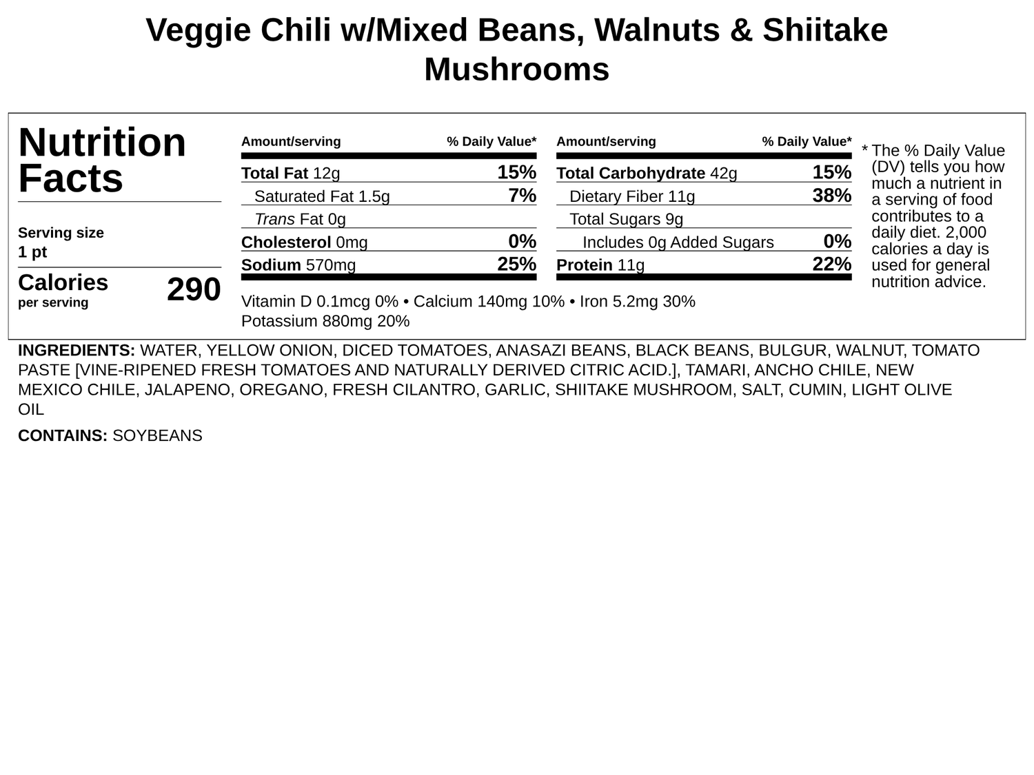 Veggie Chili w/Mixed Beans, Bulgur Wheat, Walnuts &amp; Shiitake Mushrooms