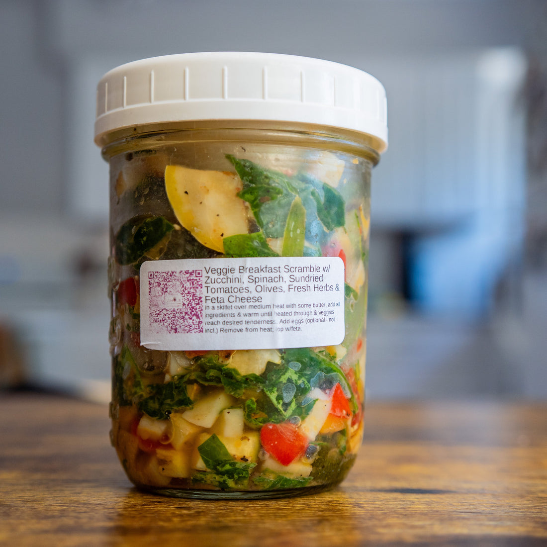 Veggie Breakfast Scramble w/Zucchini, Spinach, Sundried Tomatoes, Olives, Fresh Herbs and Feta Cheese