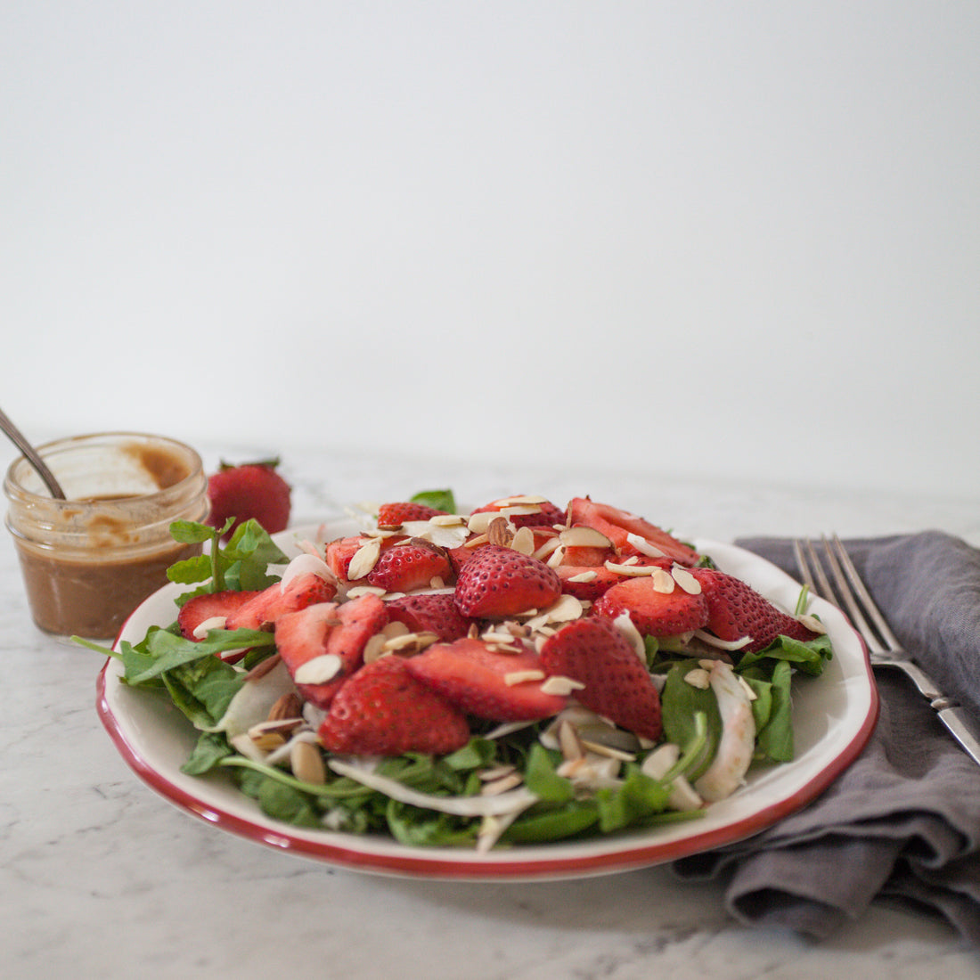 Baby Spinach Salad w/Strawberry, Cucumber, Asparagus, Pickled Red Onion & Strawberry-Tahini Dressing