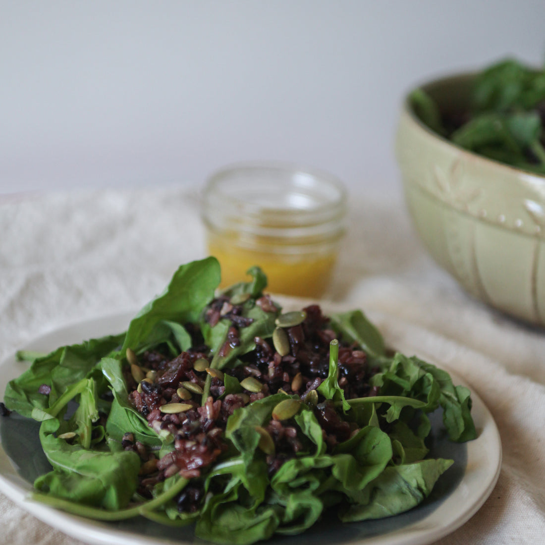 Arugula, Wild Rice, Cherry &amp; Basil Salad w/Toasted Almonds &amp; Honey-Lemon Dressing