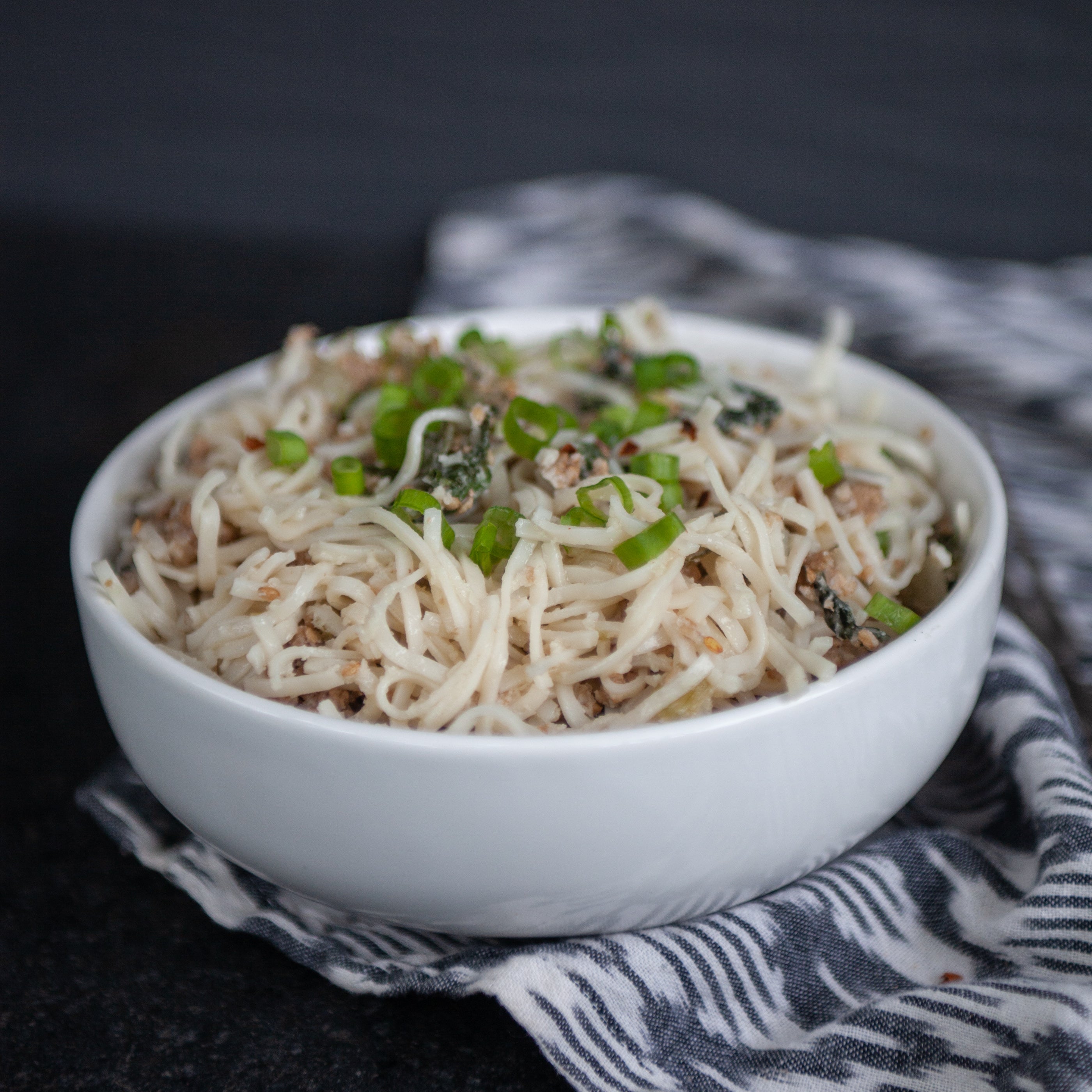Ginger Pork Rice Noodles w/Broccoli, Bok Choy, Carrot and Shiitake Mushrooms