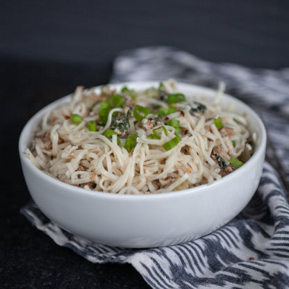Ginger Pork Rice Noodles w/Broccoli, Bok Choy, Carrot and Shiitake Mushrooms