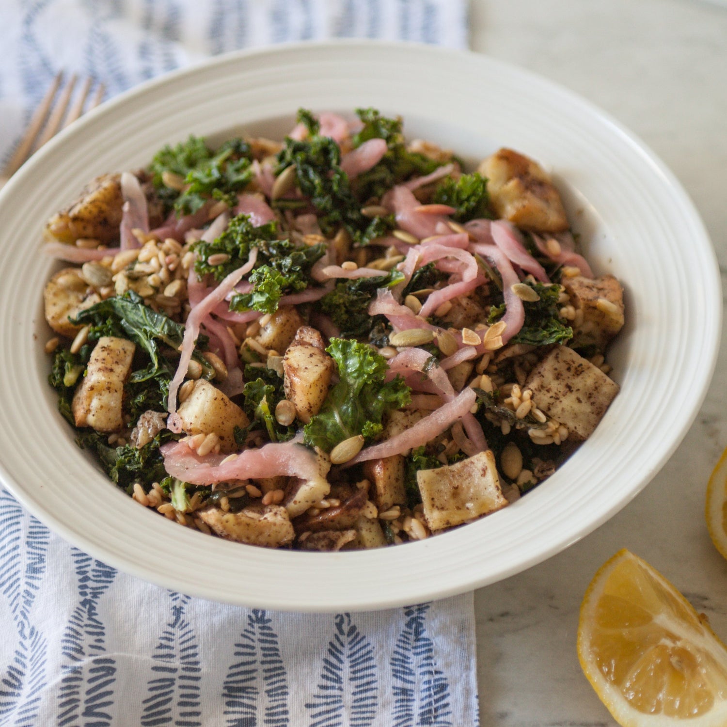 Mediterranean Sweet Potato, Kale &amp; Oat Groat Salad w/Toasted Pumpkin Seeds