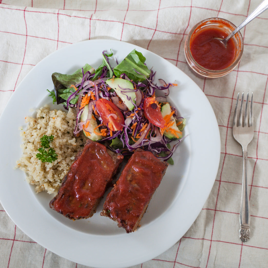 Beef Meatloaf w/Homemade Catsup & Side of Cauliflower Rice