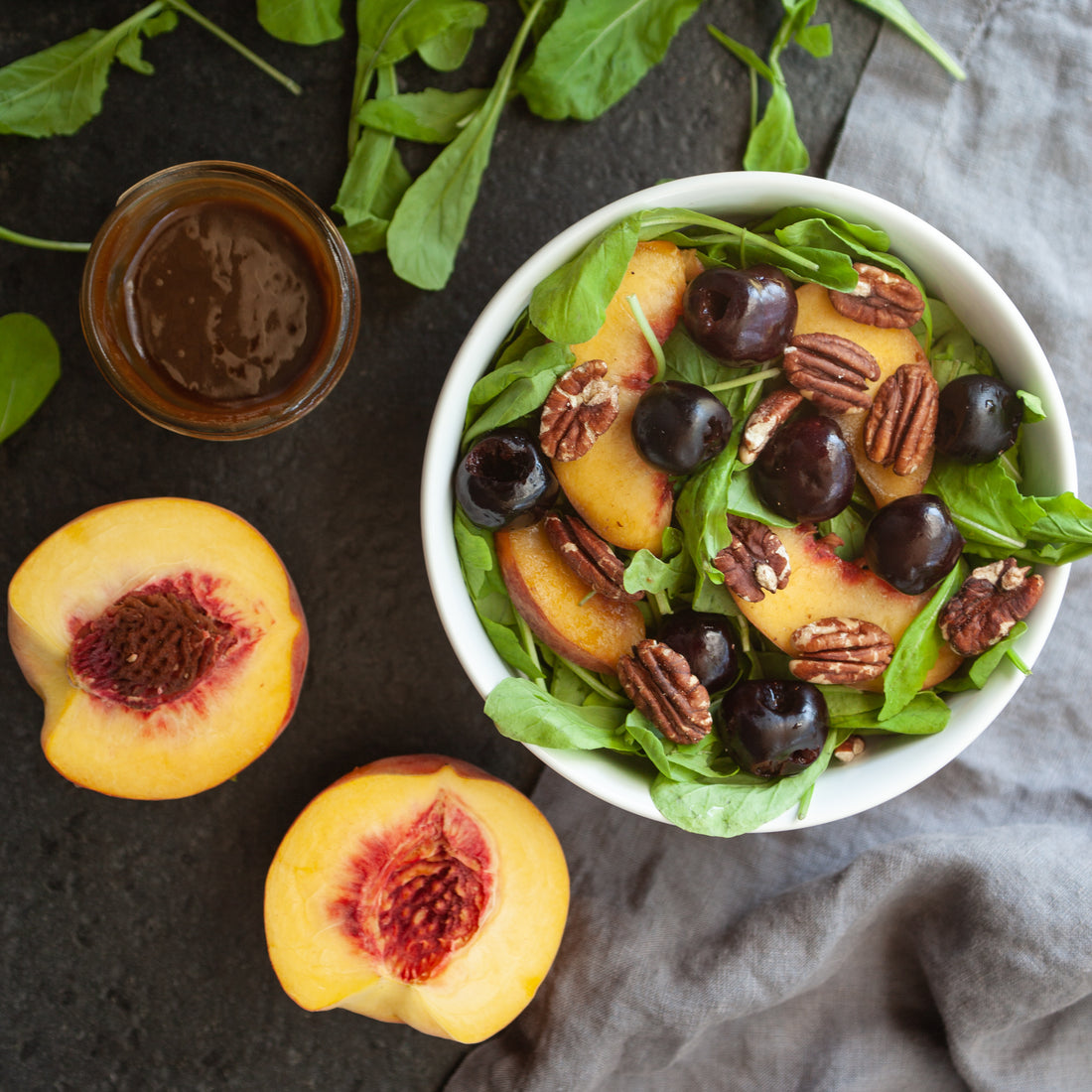 Green Salad w/Flathead Cherries, Fresh Peaches, Toasted Pecans &amp; Balsamic Dressing