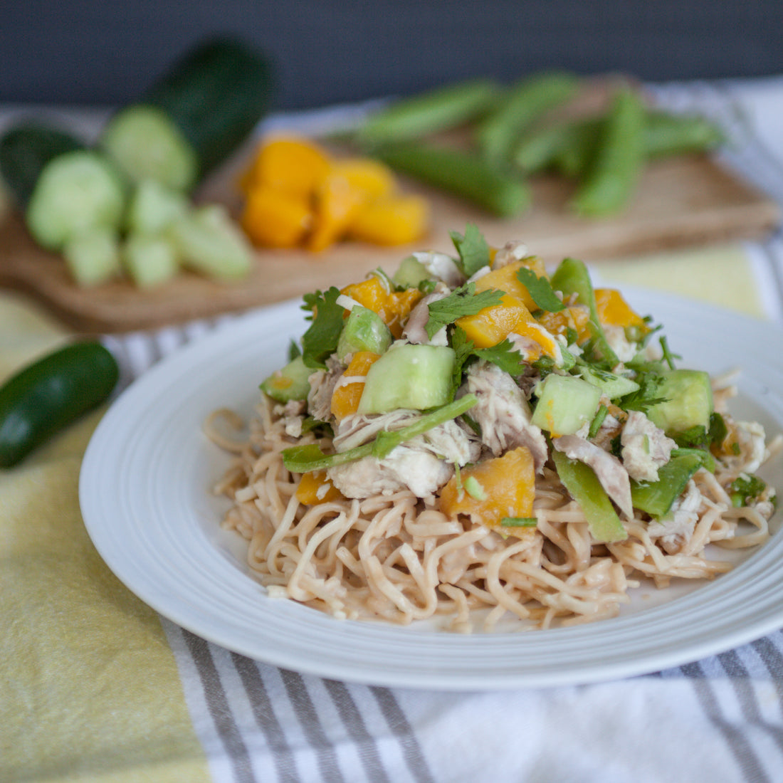 Chicken, Cucumber, Snap Pea &amp; Mango Rice Noodle Salad w/Peanut-Ginger Dressing