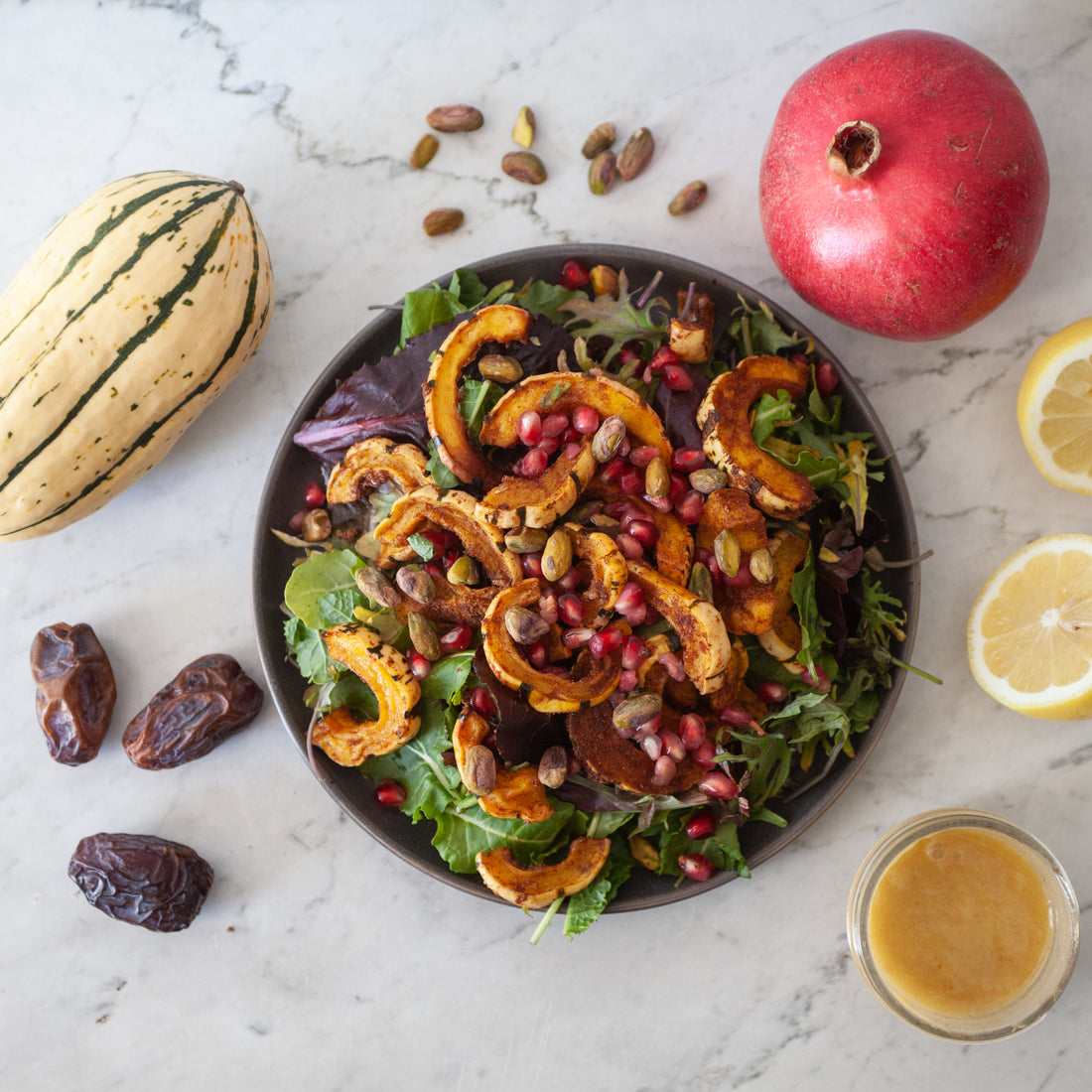 Green Salad w/Roasted Delicata Squash, Pomegranate, Pistachios & Apple Cider-Date Vinaigrette