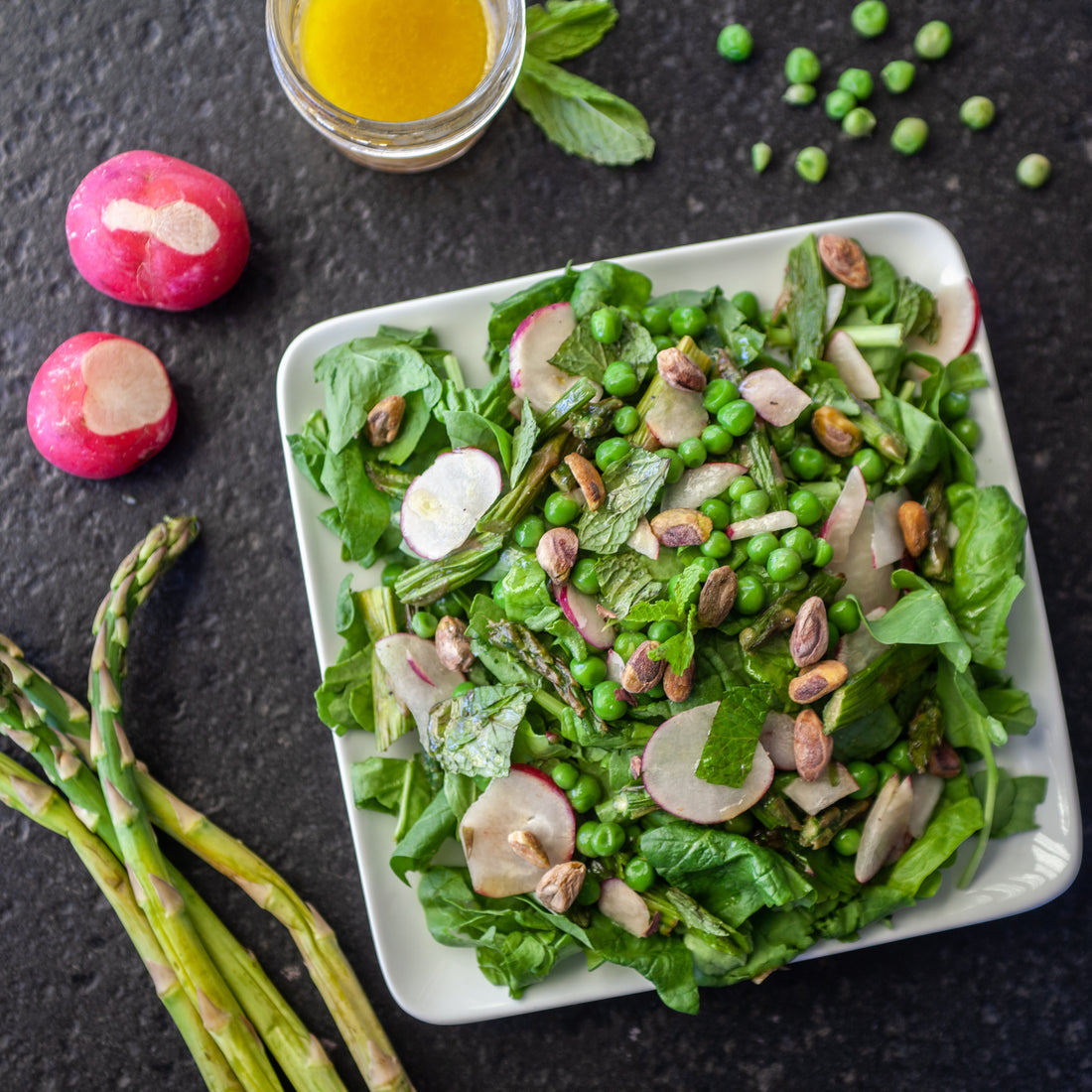 Arugula, Asparagus, Carrot, Radish & Mint Salad w/Pistachios & Honey-Lemon Dressing