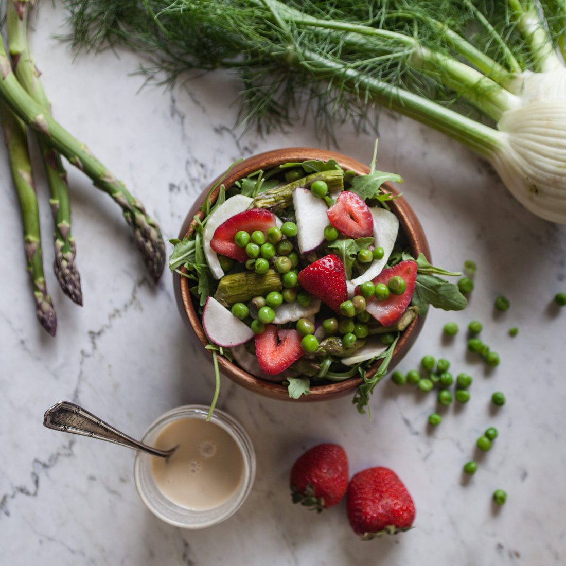 Spring Has Sprung Salad w/Fennel, Asparagus, Radish, Strawberries, Hazelnuts & Lemon-Tahini Dressing