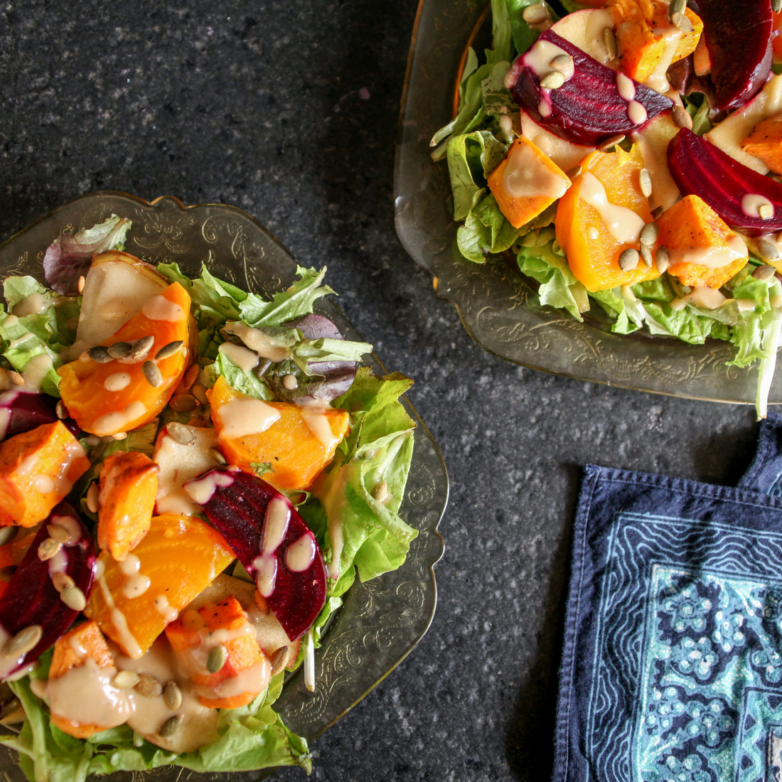 Winter Chopped Salad w/Pickled Beets, Sweet Potatoes, Apple, Toasted Pumpkin Seeds &amp; Apple Dijon Dressing