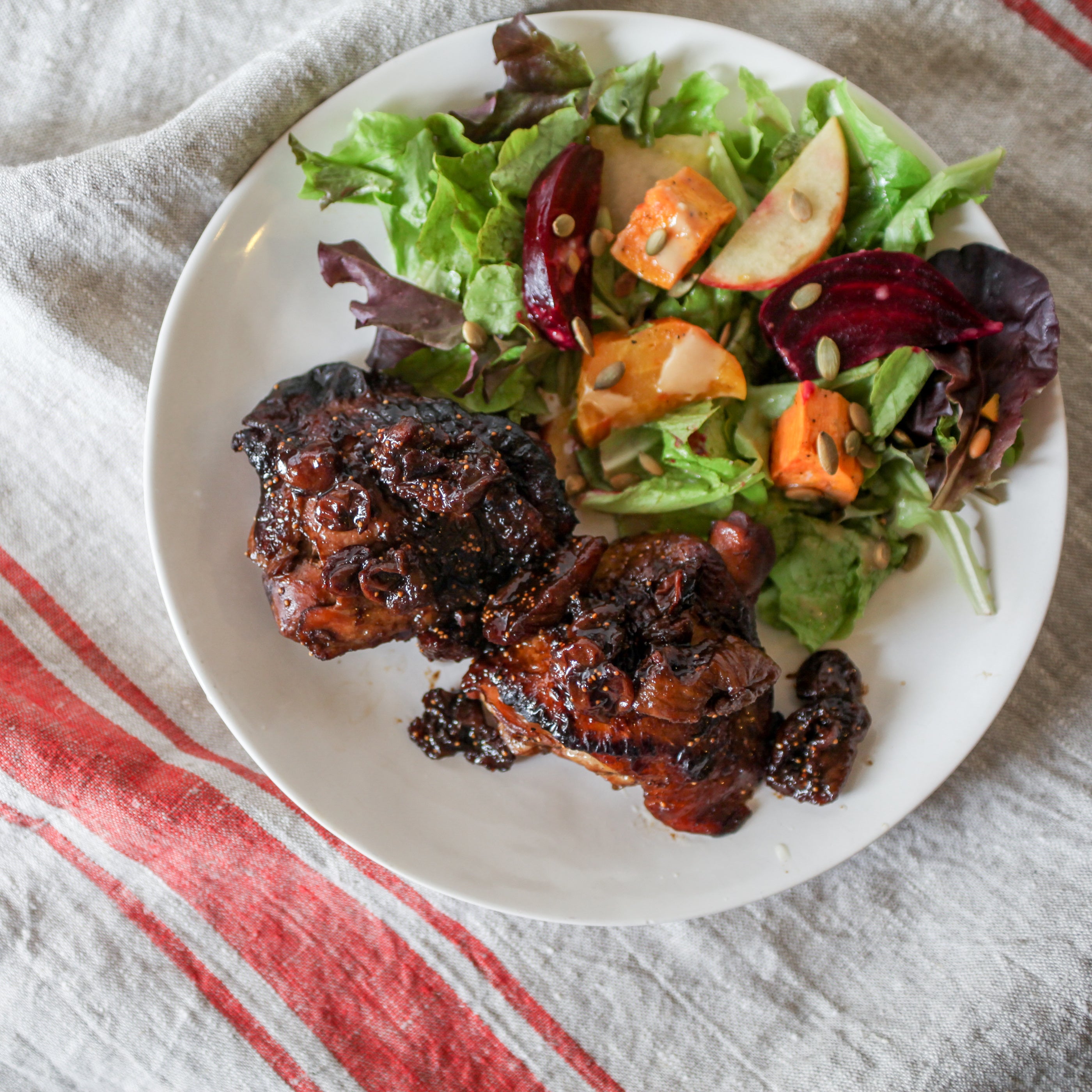 Balsamic, Fig &amp; Cherry Braised Chicken Thighs w/Roasted Walnuts
